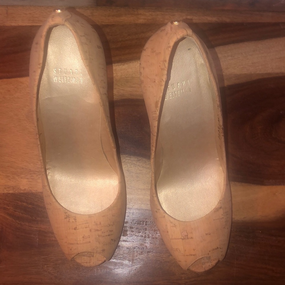 Stuart Weitzman cork peep toe heel